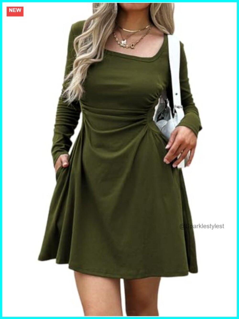 Women's Long Sleeve Ruched Waist Casual Dress with Pockets